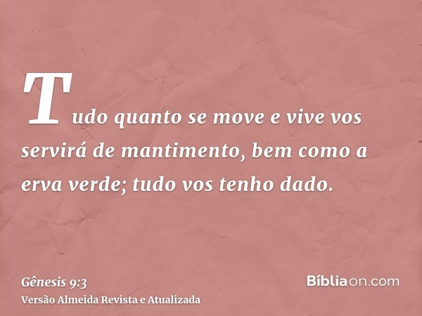 Tudo quanto se move e vive vos servirá de mantimento, bem como a erva verde; tudo vos tenho dado.