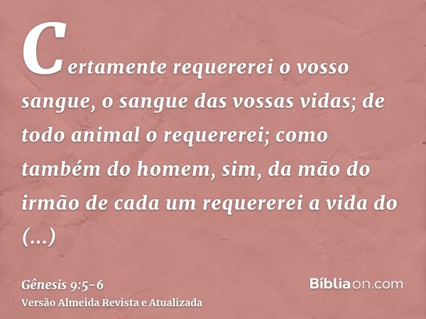 Certamente requererei o vosso sangue, o sangue das vossas vidas; de todo animal o requererei; como também do homem, sim, da mão do irmão de cada um requererei a