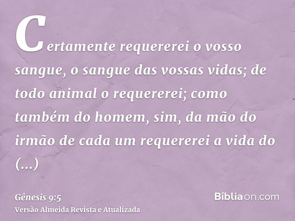 Certamente requererei o vosso sangue, o sangue das vossas vidas; de todo animal o requererei; como também do homem, sim, da mão do irmão de cada um requererei a