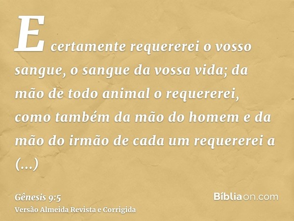 E certamente requererei o vosso sangue, o sangue da vossa vida; da mão de todo animal o requererei, como também da mão do homem e da mão do irmão de cada um req