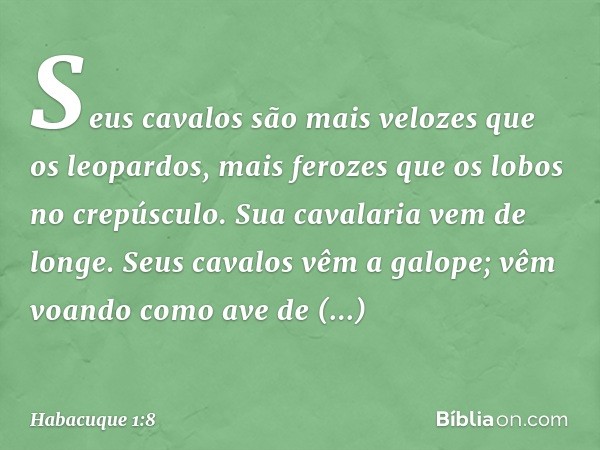 Seus cavalos são mais velozes
que os leopardos,
mais ferozes que
os lobos no crepúsculo.
Sua cavalaria vem de longe.
Seus cavalos vêm a galope;
vêm voando como 