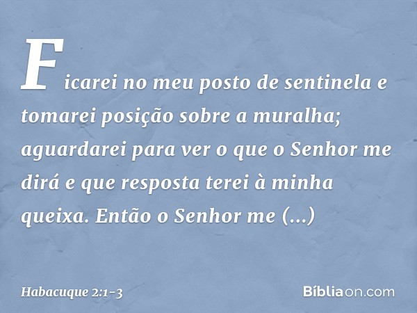 Ficarei no meu posto de sentinela
e tomarei posição sobre a muralha;
aguardarei para ver o que o Senhor me dirá
e que resposta terei à minha queixa. Então o Sen