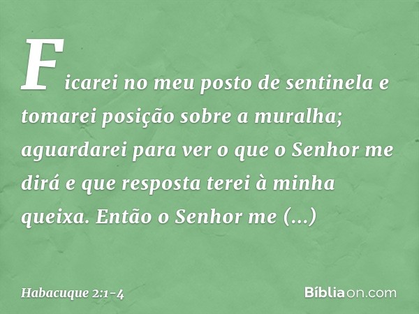 Ficarei no meu posto de sentinela
e tomarei posição sobre a muralha;
aguardarei para ver o que o Senhor me dirá
e que resposta terei à minha queixa. Então o Sen