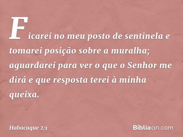 Ficarei no meu posto de sentinela
e tomarei posição sobre a muralha;
aguardarei para ver o que o Senhor me dirá
e que resposta terei à minha queixa. -- Habacuqu