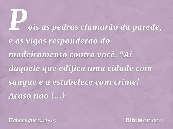 Pois as pedras clamarão da parede,
e as vigas responderão do madeiramento
contra você. "Ai daquele que edifica uma cidade
com sangue
e a estabelece com crime! A