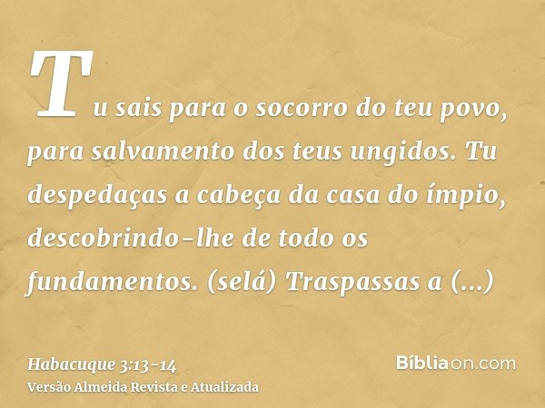 Tu sais para o socorro do teu povo, para salvamento dos teus ungidos. Tu despedaças a cabeça da casa do ímpio, descobrindo-lhe de todo os fundamentos. (selá)Tra