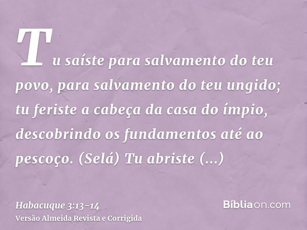 Tu saíste para salvamento do teu povo, para salvamento do teu ungido; tu feriste a cabeça da casa do ímpio, descobrindo os fundamentos até ao pescoço. (Selá)Tu 