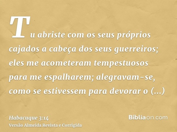 Tu abriste com os seus próprios cajados a cabeça dos seus guerreiros; eles me acometeram tempestuosos para me espalharem; alegravam-se, como se estivessem para 