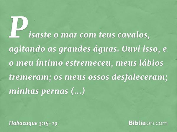 Pisaste o mar com teus cavalos,
agitando as grandes águas. Ouvi isso, e o meu íntimo estremeceu,
meus lábios tremeram;
os meus ossos desfaleceram;
minhas pernas