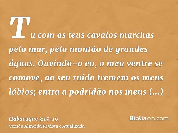 Tu com os teus cavalos marchas pelo mar, pelo montão de grandes águas.Ouvindo-o eu, o meu ventre se comove, ao seu ruído tremem os meus lábios; entra a podridão