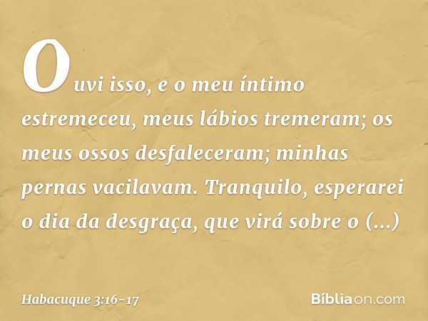 Ouvi isso, e o meu íntimo estremeceu,
meus lábios tremeram;
os meus ossos desfaleceram;
minhas pernas vacilavam.
Tranquilo, esperarei o dia da desgraça,
que vir