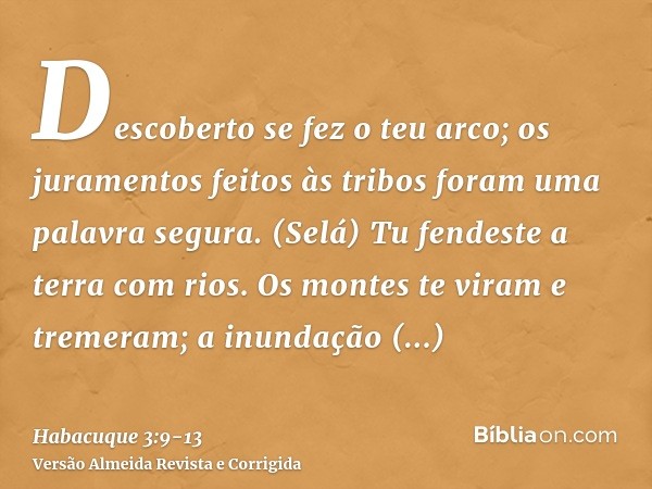 Descoberto se fez o teu arco; os juramentos feitos às tribos foram uma palavra segura. (Selá) Tu fendeste a terra com rios.Os montes te viram e tremeram; a inun