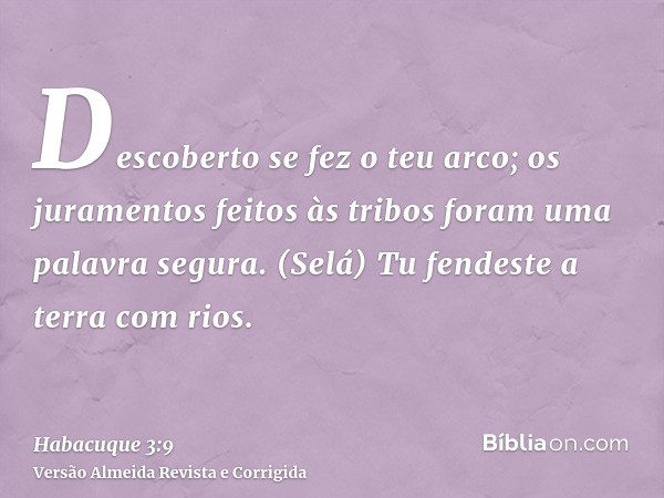 Descoberto se fez o teu arco; os juramentos feitos às tribos foram uma palavra segura. (Selá) Tu fendeste a terra com rios.