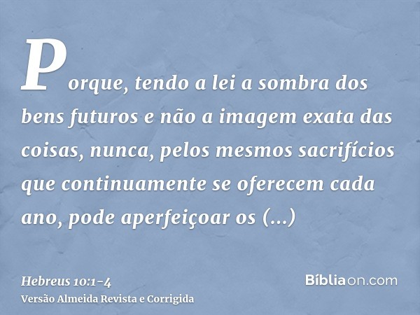 Porque, tendo a lei a sombra dos bens futuros e não a imagem exata das coisas, nunca, pelos mesmos sacrifícios que continuamente se oferecem cada ano, pode aper