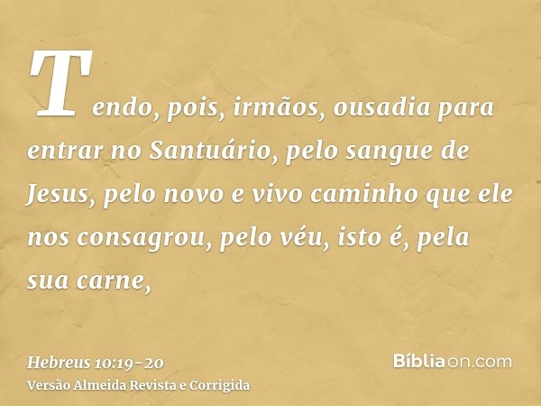 Tendo, pois, irmãos, ousadia para entrar no Santuário, pelo sangue de Jesus,pelo novo e vivo caminho que ele nos consagrou, pelo véu, isto é, pela sua carne,