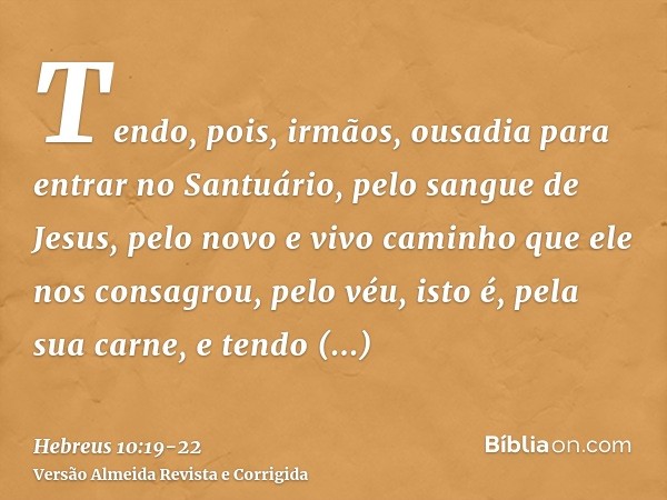 Tendo, pois, irmãos, ousadia para entrar no Santuário, pelo sangue de Jesus,pelo novo e vivo caminho que ele nos consagrou, pelo véu, isto é, pela sua carne,e t