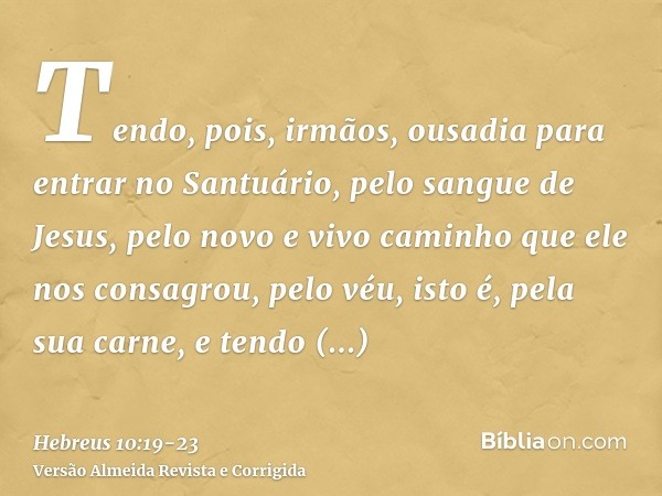 Tendo, pois, irmãos, ousadia para entrar no Santuário, pelo sangue de Jesus,pelo novo e vivo caminho que ele nos consagrou, pelo véu, isto é, pela sua carne,e t