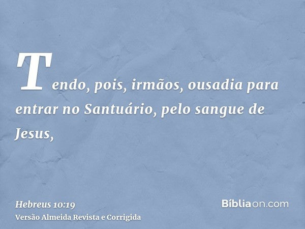 Tendo, pois, irmãos, ousadia para entrar no Santuário, pelo sangue de Jesus,
