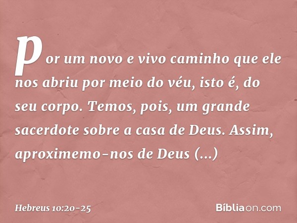 por um novo e vivo caminho que ele nos abriu por meio do véu, isto é, do seu corpo. Temos, pois, um grande sacerdote sobre a casa de Deus. Assim, aproximemo-nos