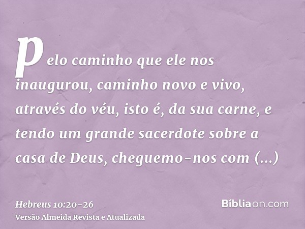 pelo caminho que ele nos inaugurou, caminho novo e vivo, através do véu, isto é, da sua carne,e tendo um grande sacerdote sobre a casa de Deus,cheguemo-nos com 