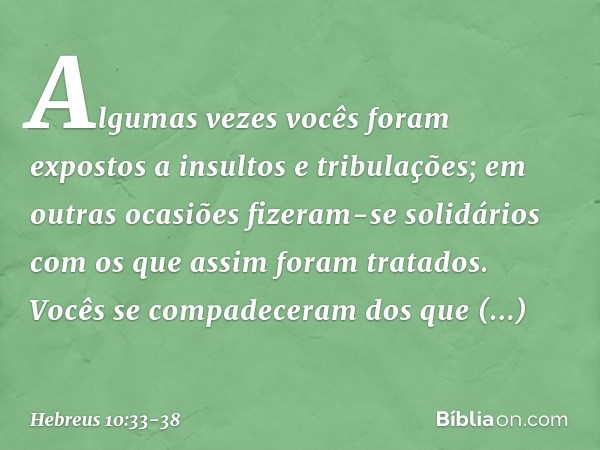 Algumas vezes vocês foram expostos a insultos e tribulações; em outras ocasiões fizeram-se solidários com os que assim foram tratados. Vocês se compadeceram dos