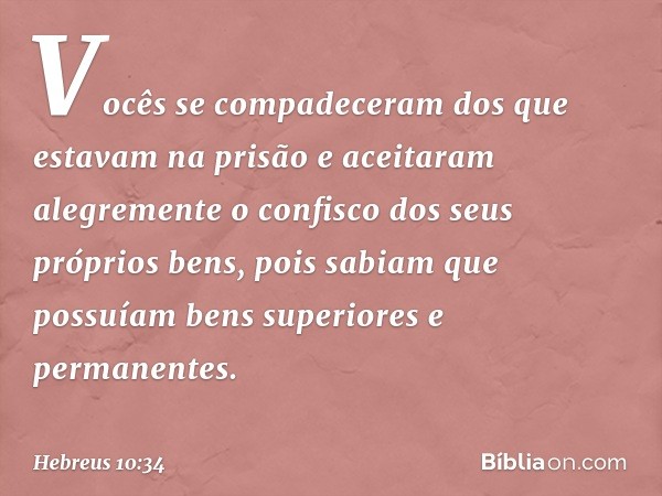 Vocês se compadeceram dos que estavam na prisão e aceitaram alegremente o confisco dos seus próprios bens, pois sabiam que possuíam bens superiores e permanente