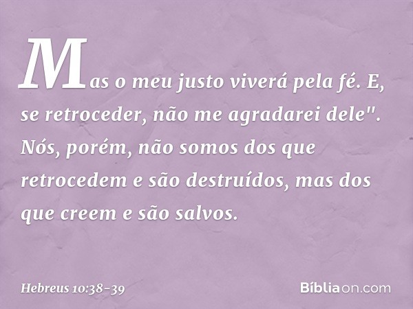 Mas o meu justo
viverá pela fé.
E, se retroceder,
não me agradarei dele". Nós, porém, não somos dos que retrocedem e são destruídos, mas dos que creem e são sal