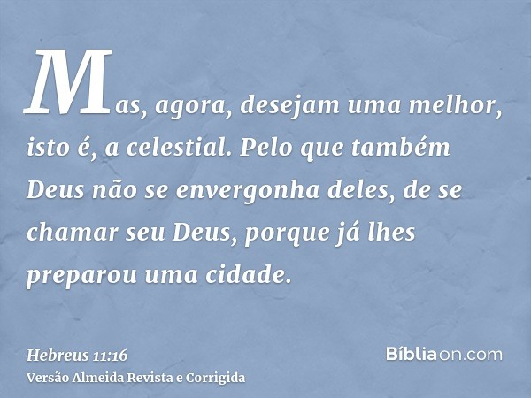 Mas, agora, desejam uma melhor, isto é, a celestial. Pelo que também Deus não se envergonha deles, de se chamar seu Deus, porque já lhes preparou uma cidade.