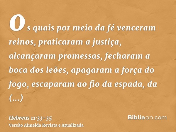 os quais por meio da fé venceram reinos, praticaram a justiça, alcançaram promessas, fecharam a boca dos leões,apagaram a força do fogo, escaparam ao fio da esp