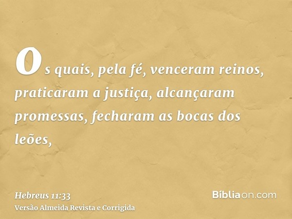 os quais, pela fé, venceram reinos, praticaram a justiça, alcançaram promessas, fecharam as bocas dos leões,