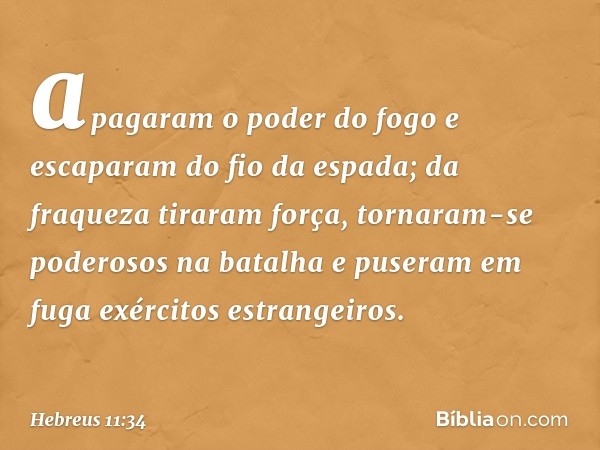 apagaram o poder do fogo e escaparam do fio da espada; da fraqueza tiraram força, tornaram-se poderosos na batalha e puseram em fuga exércitos estrangeiros. -- 