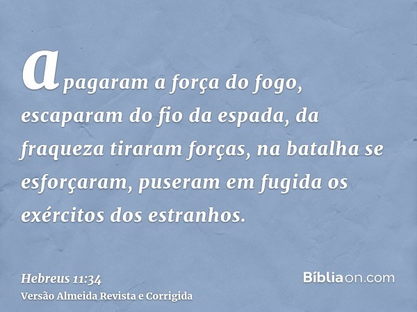 apagaram a força do fogo, escaparam do fio da espada, da fraqueza tiraram forças, na batalha se esforçaram, puseram em fugida os exércitos dos estranhos.