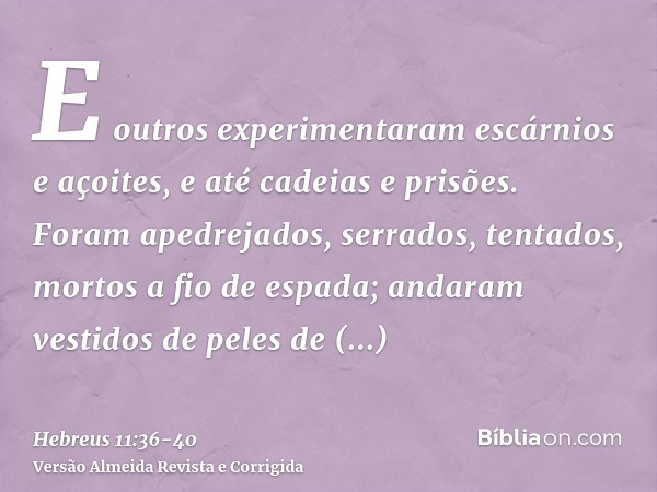 E outros experimentaram escárnios e açoites, e até cadeias e prisões.Foram apedrejados, serrados, tentados, mortos a fio de espada; andaram vestidos de peles de