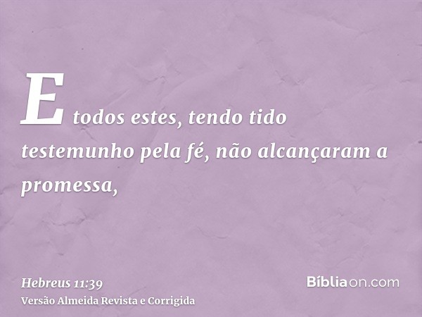 E todos estes, tendo tido testemunho pela fé, não alcançaram a promessa,