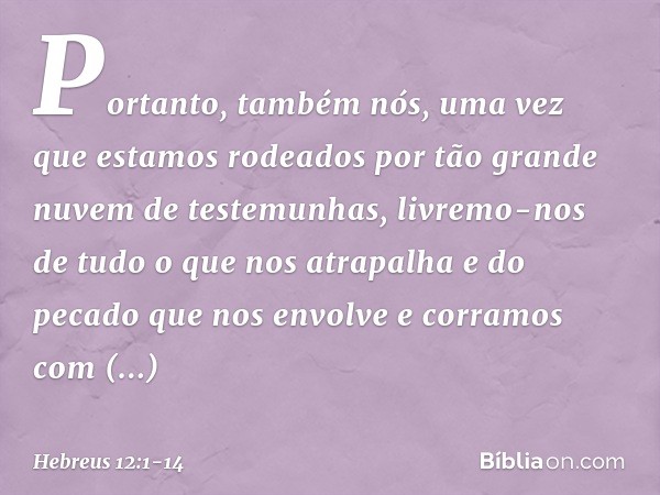 Portanto, também nós, uma vez que estamos rodeados por tão grande nuvem de testemunhas, livremo-nos de tudo o que nos atrapalha e do pecado que nos envolve e co