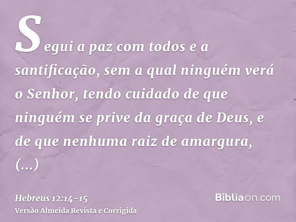 Segui a paz com todos e a santificação, sem a qual ninguém verá o Senhor,tendo cuidado de que ninguém se prive da graça de Deus, e de que nenhuma raiz de amargu