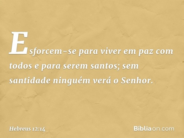 Esforcem-se para viver em paz com todos e para serem santos; sem santidade ninguém verá o Senhor. -- Hebreus 12:14