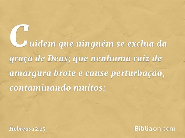 Cuidem que ninguém se exclua da graça de Deus; que nenhuma raiz de amargura brote e cause perturbação, contaminando muitos; -- Hebreus 12:15