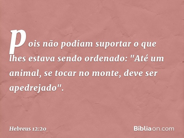 pois não podiam suportar o que lhes estava sendo ordenado: "Até um animal, se tocar no monte, deve ser apedrejado". -- Hebreus 12:20