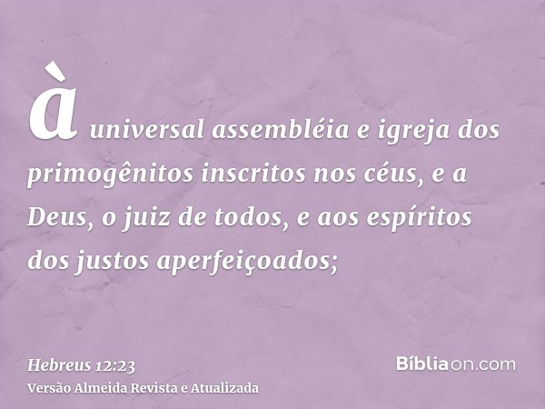 à universal assembléia e igreja dos primogênitos inscritos nos céus, e a Deus, o juiz de todos, e aos espíritos dos justos aperfeiçoados;