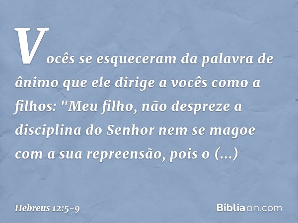 Vocês se esqueceram da palavra de ânimo que ele dirige a vocês como a filhos:
"Meu filho, não despreze
a disciplina do Senhor
nem se magoe
com a sua repreensão,