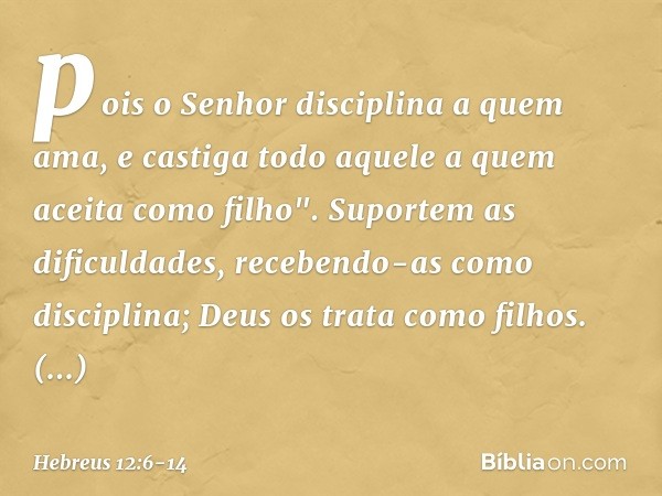 pois o Senhor disciplina
a quem ama,
e castiga todo aquele
a quem aceita como filho". Suportem as dificuldades, recebendo-as como disciplina; Deus os trata como