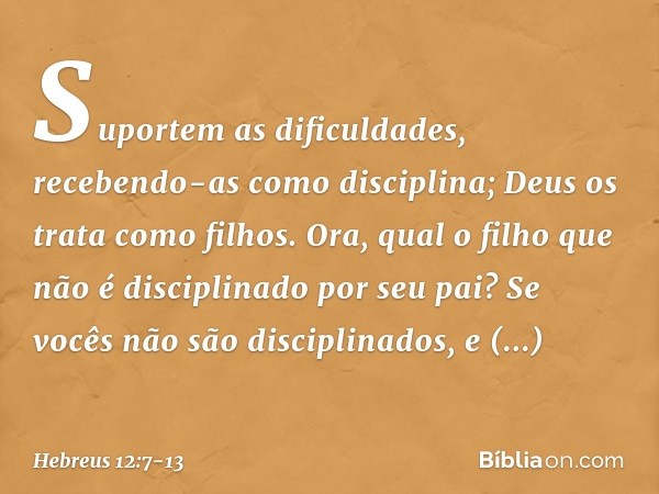 Suportem as dificuldades, recebendo-as como disciplina; Deus os trata como filhos. Ora, qual o filho que não é disciplinado por seu pai? Se vocês não são discip