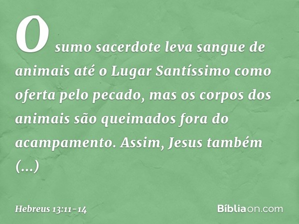 O sumo sacerdote leva sangue de animais até o Lugar Santíssimo como oferta pelo pecado, mas os corpos dos animais são queimados fora do acampamento. Assim, Jesu