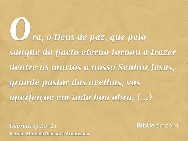 Ora, o Deus de paz, que pelo sangue do pacto eterno tornou a trazer dentre os mortos a nosso Senhor Jesus, grande pastor das ovelhas,vos aperfeiçoe em toda boa 