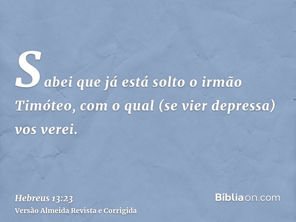 Sabei que já está solto o irmão Timóteo, com o qual (se vier depressa) vos verei.