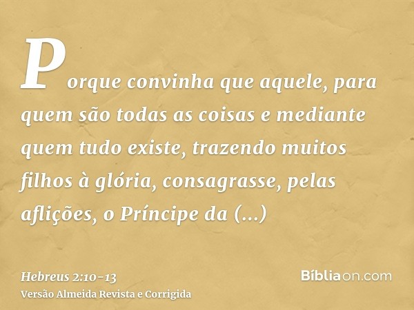 Porque convinha que aquele, para quem são todas as coisas e mediante quem tudo existe, trazendo muitos filhos à glória, consagrasse, pelas aflições, o Príncipe 