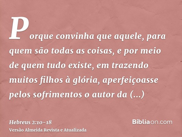 Porque convinha que aquele, para quem são todas as coisas, e por meio de quem tudo existe, em trazendo muitos filhos à glória, aperfeiçoasse pelos sofrimentos o