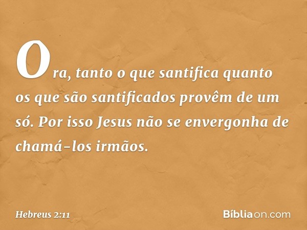 Ora, tanto o que santifica quanto os que são santificados provêm de um só. Por isso Jesus não se envergonha de chamá-los irmãos. -- Hebreus 2:11