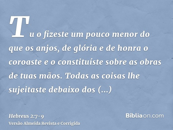 Tu o fizeste um pouco menor do que os anjos, de glória e de honra o coroaste e o constituíste sobre as obras de tuas mãos.Todas as coisas lhe sujeitaste debaixo